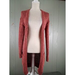 Free People Open Front Cardigan Duster XS Coral Pockets Relaxed Fit Chunky Knit